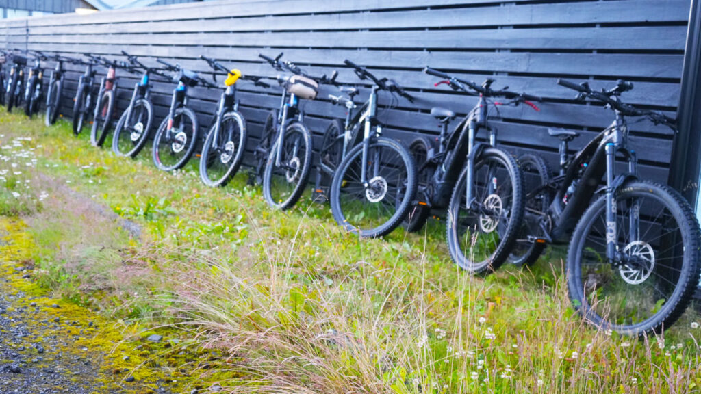 A view of e-bikes lined up and ready to start the tour in Fludir